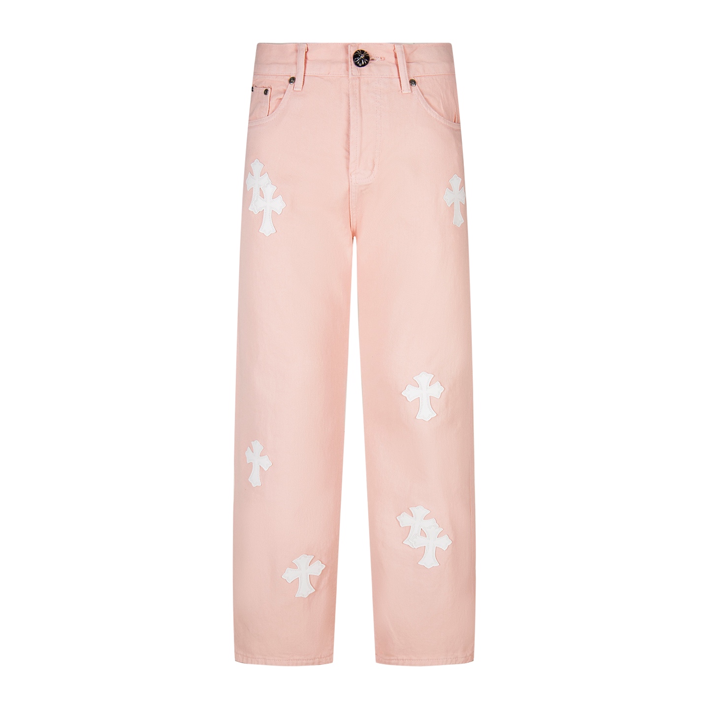 高版本Chrome Hearts克罗心 多巴胺配色浅粉皮标十字牛仔裤,男女同款.ch牛仔裤均需要成品水洗后再拆开手工订绵羊皮十字皮再拼接完成,整件工艺多到说不清.质感到手看,好看就完事了.克罗心里面最绝绝子的裤子啦 采用珠帆布面料,上身更有质感,裤型挺拔!整裤立体裁剪版型绝绝子! 五金zp定制,珠帆布面料厚实经过水洗后柔软 透气性好 定制小皮标 别出心裁的设计款 细节到位简约大方,做工精湛,整条裤子走线整齐,细节到位!男女都能轻松驾驭的无性别短裤潮流感up!