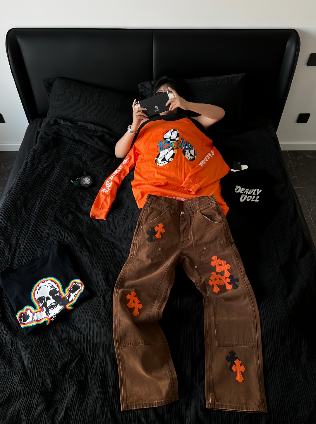 #Chrome hearts克罗心 橘黑拼皮做旧伐木裤 上身效果图#