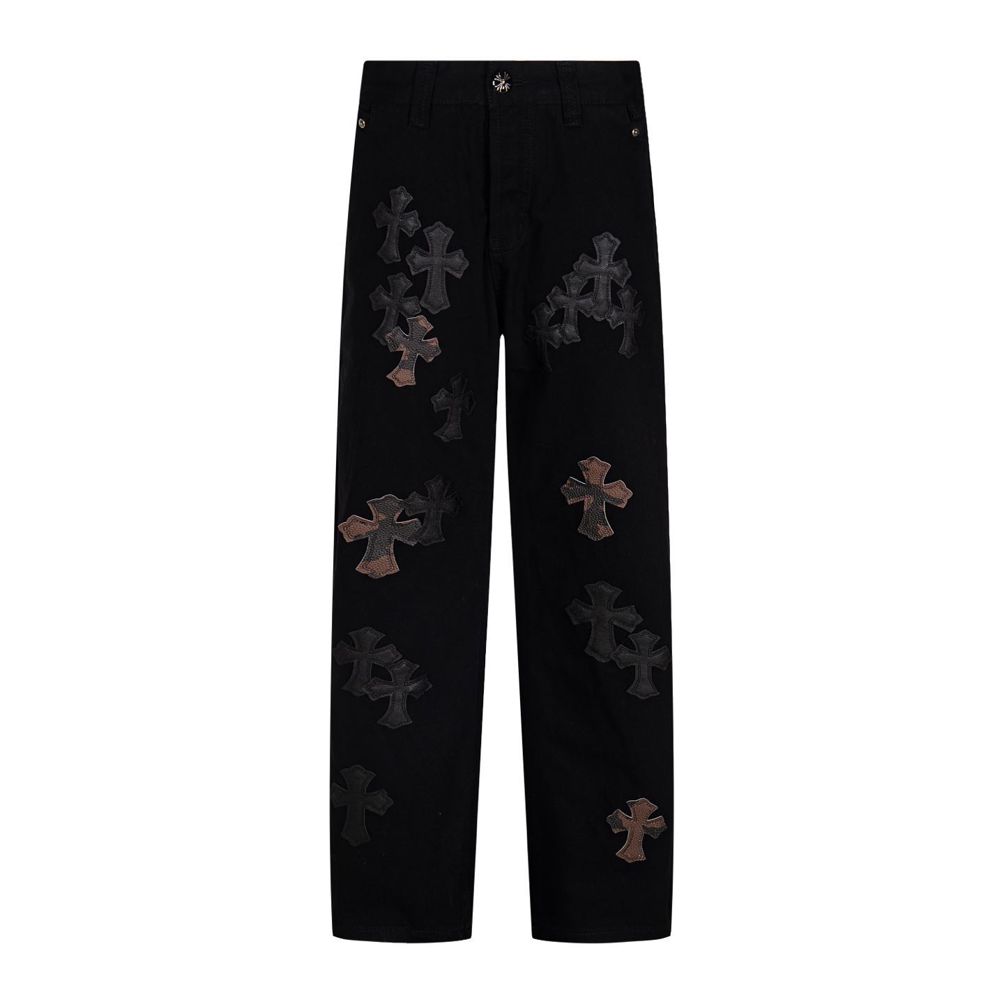 高版本Chrome Hearts克罗心 重叠皮标十字牛仔裤,男女同款.ch牛仔裤均需要成品水洗后再拆开手工订绵羊皮十字皮再拼接完成,整件工艺多到说不清.质感到手看,好看就完事了.克罗心里面最绝绝子的裤子啦 采用珠帆布面料,重工水洗使面料上身更有质感,裤型挺拔!整裤立体裁剪版型绝绝子! 五金zp定制,珠帆布面料厚实经过水洗后柔软 透气性好 定制小皮标 别出心裁的设计款 细节到位简约大方,做工精湛,整条裤子走线整齐,细节到位!男女都能轻松驾驭的无性别短裤潮流感up!