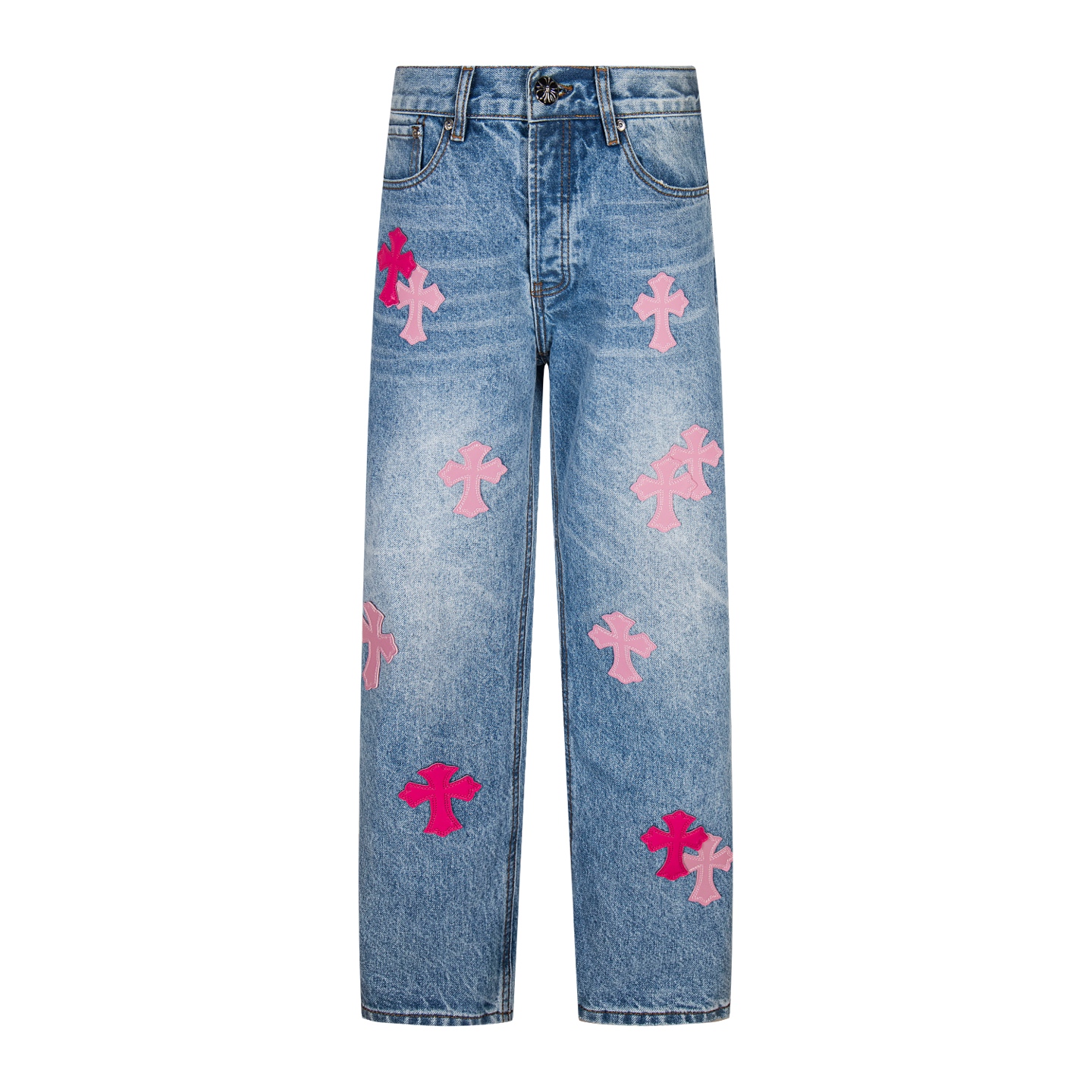 💰270 高版本Chrome Hearts克罗心 迈阿密限定粉十字皮标水洗牛仔裤，男女同款。ch牛仔裤均需要成品水洗后再拆开手工订绵羊皮十字皮再拼接完成，整件工艺多到说不清。质感到手看，好看就完事了。克罗心里面最绝绝子的裤子啦 采用珠帆布面料，重工水洗使面料上身更有质感，裤型挺拔！整裤立体裁剪版型绝绝子！ 五金zp定制，珠帆布面料厚实经过水洗后柔软 透气性好 定制小皮标 别出心裁的设计款 细节到位简约大方，做工精湛，整条裤子走线整齐，细节到位！男女都能轻松驾驭的无性别短裤潮流感up！ 尺码：30-32-34-36