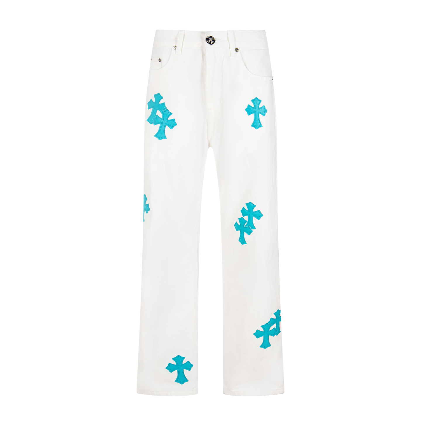 💰260 高版本Chrome Hearts克罗心 迈阿密限定冰蓝皮标十字牛仔裤，男女同款。ch牛仔裤均需要成品水洗后再拆开手工订绵羊皮十字皮再拼接完成，整件工艺多到说不清。质感到手看，好看就完事了。克罗心里面最绝绝子的裤子啦 采用珠帆布面料，上身更有质感，裤型挺拔！整裤立体裁剪版型绝绝子！ 五金zp定制，珠帆布面料厚实经过水洗后柔软 透气性好 定制小皮标 别出心裁的设计款 细节到位简约大方，做工精湛，整条裤子走线整齐，细节到位！男女都能轻松驾驭的无性别短裤潮流感up！ 尺码：28-30-32-34