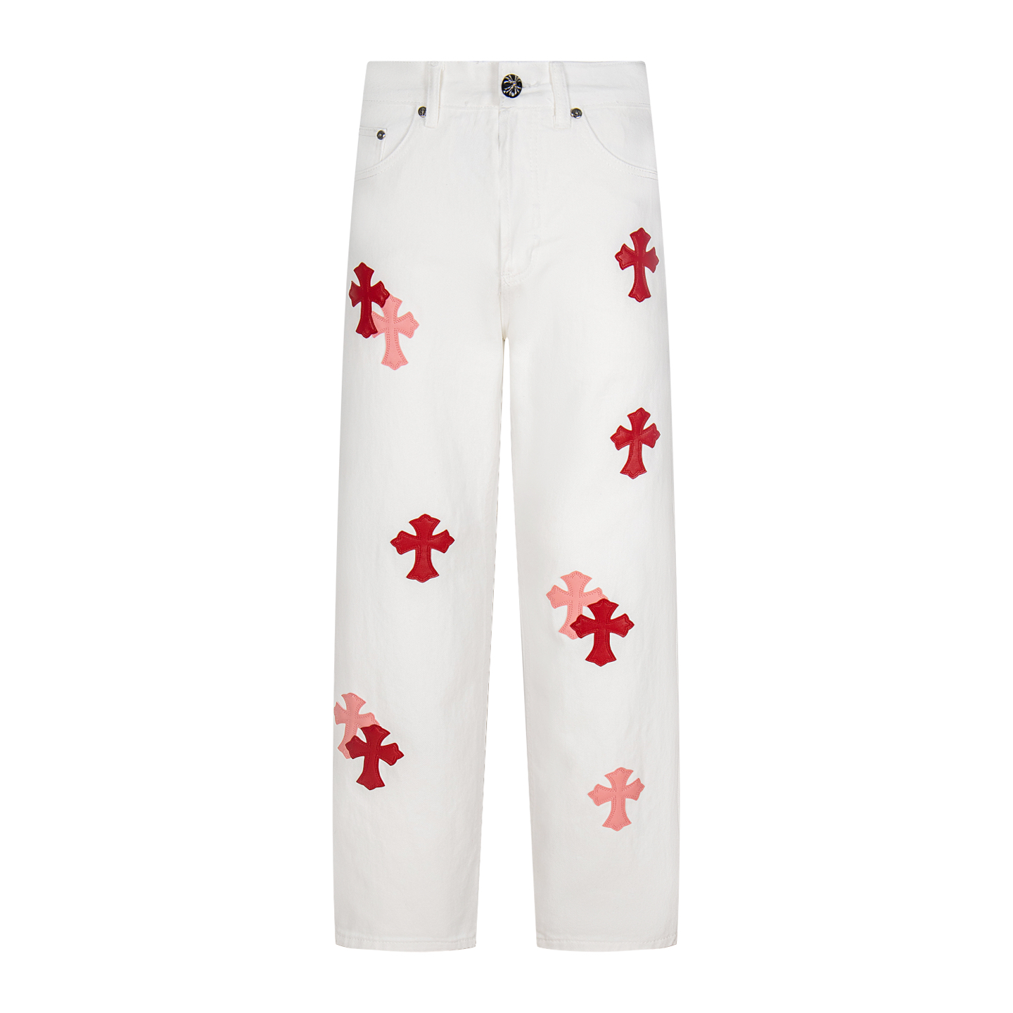 💰260 高版本Chrome Hearts克罗心 迈阿密限定粉皮标十字牛仔裤，男女同款。ch牛仔裤均需要成品水洗后再拆开手工订绵羊皮十字皮再拼接完成，整件工艺多到说不清。质感到手看，好看就完事了。克罗心里面最绝绝子的裤子啦 采用珠帆布面料，上身更有质感，裤型挺拔！整裤立体裁剪版型绝绝子！ 五金zp定制，珠帆布面料厚实经过水洗后柔软 透气性好 定制小皮标 别出心裁的设计款 细节到位简约大方，做工精湛，整条裤子走线整齐，细节到位！男女都能轻松驾驭的无性别短裤潮流感up！ 尺码：28-30-32-34