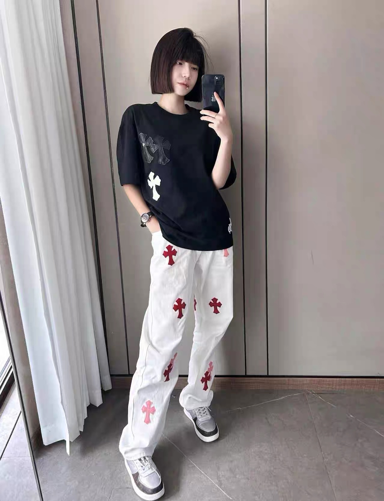 #Chrome Hearts克罗心 迈阿密限定粉皮标十字牛仔裤 上身效果图#