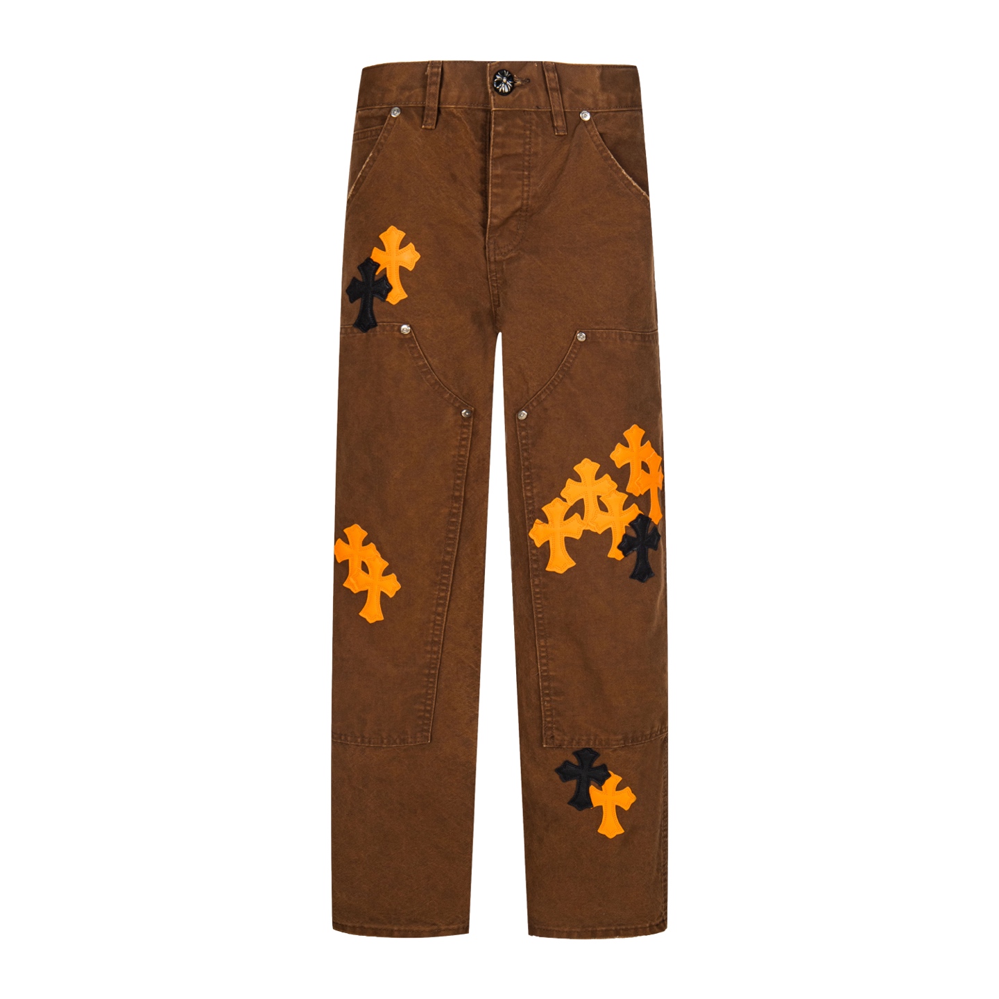 💰290 高版本Chrome hearts克罗心 橘黑拼皮做旧伐木裤牛仔裤，男女同款。采用斜纹高盎司水洗单宁牛仔面料，独家ch特有伐木工装裤版型（非李维斯Vintage）定织定染面料，两色十字架为牛皮+羊皮（全部意大利进口皮料单独定染，纹路一致，无色差）。车皮针距，线色，走线完全一致。内衬为提花内衬，925银制五金，搭配重工水洗人工打磨破坏处理。 尺码：30-32-34-36