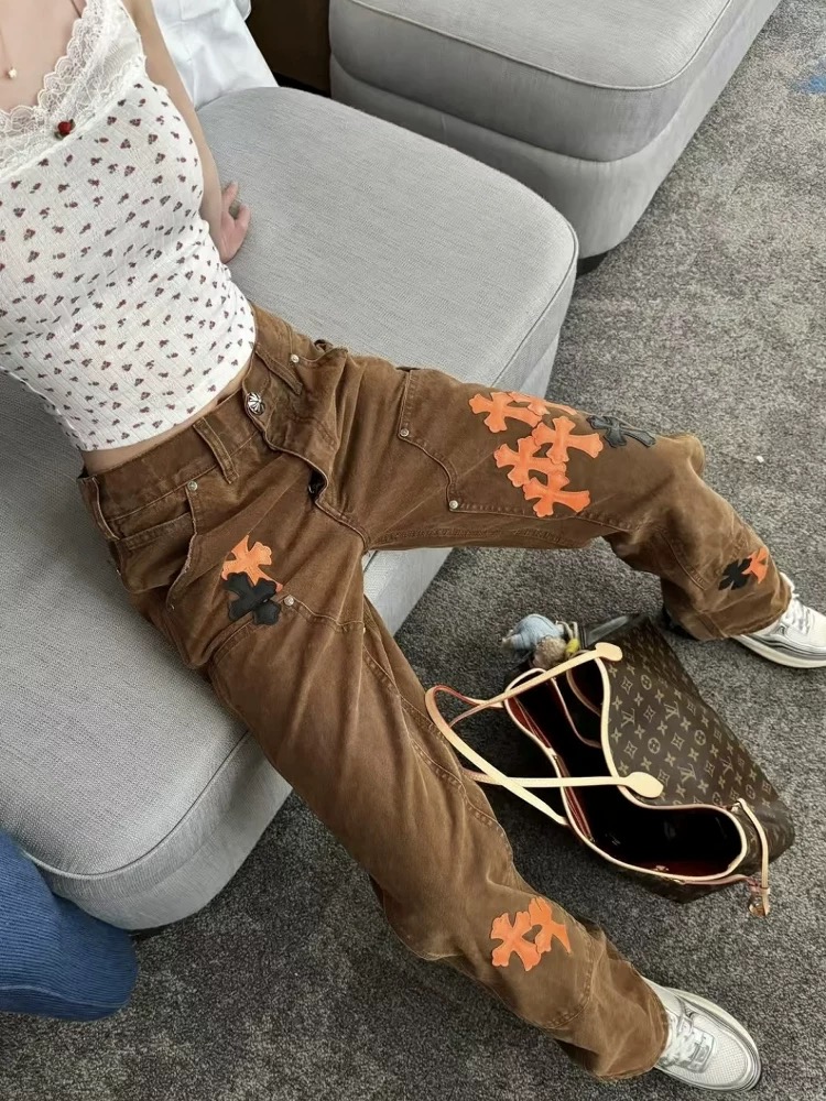 #Chrome hearts克罗心 橘黑拼皮做旧伐木裤 上身效果图#