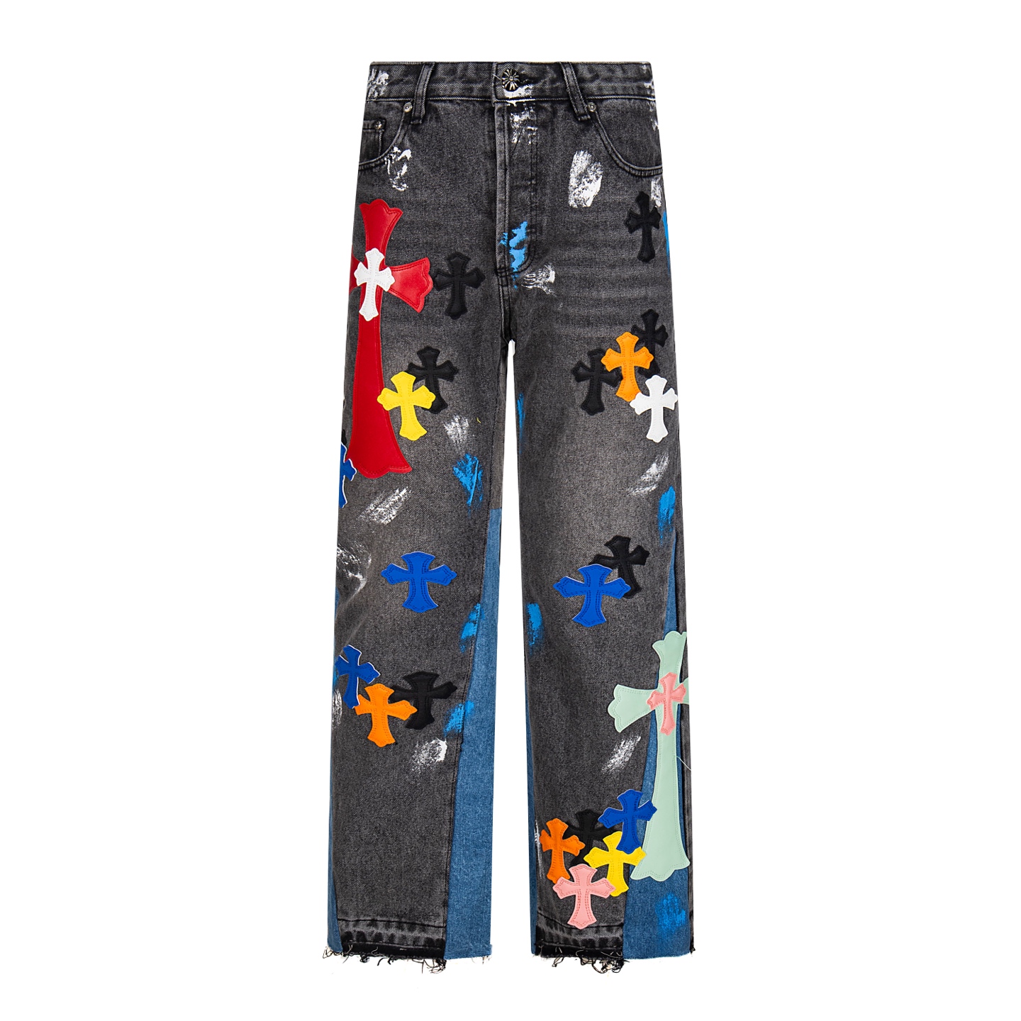 高版本Chrome hearts克罗心 x Gallery Dept.联名涂鸦彩标十字微喇牛仔裤,男女同款.真实还原Vintage极致质感 意产特种牛皮印花再切割 订制羊皮三层粗线帖皮 整体拼接在重工水洗染色工艺 细节看的到 重工水洗使面料上身更有质感,裤型挺拔!整裤立体裁剪版型绝绝子! 五金zp定制, 别出心裁的设计款 细节到位简约大方,做工精湛,整条裤子走线整齐,细节到位!男女都能轻松驾驭的无性别潮流感up!