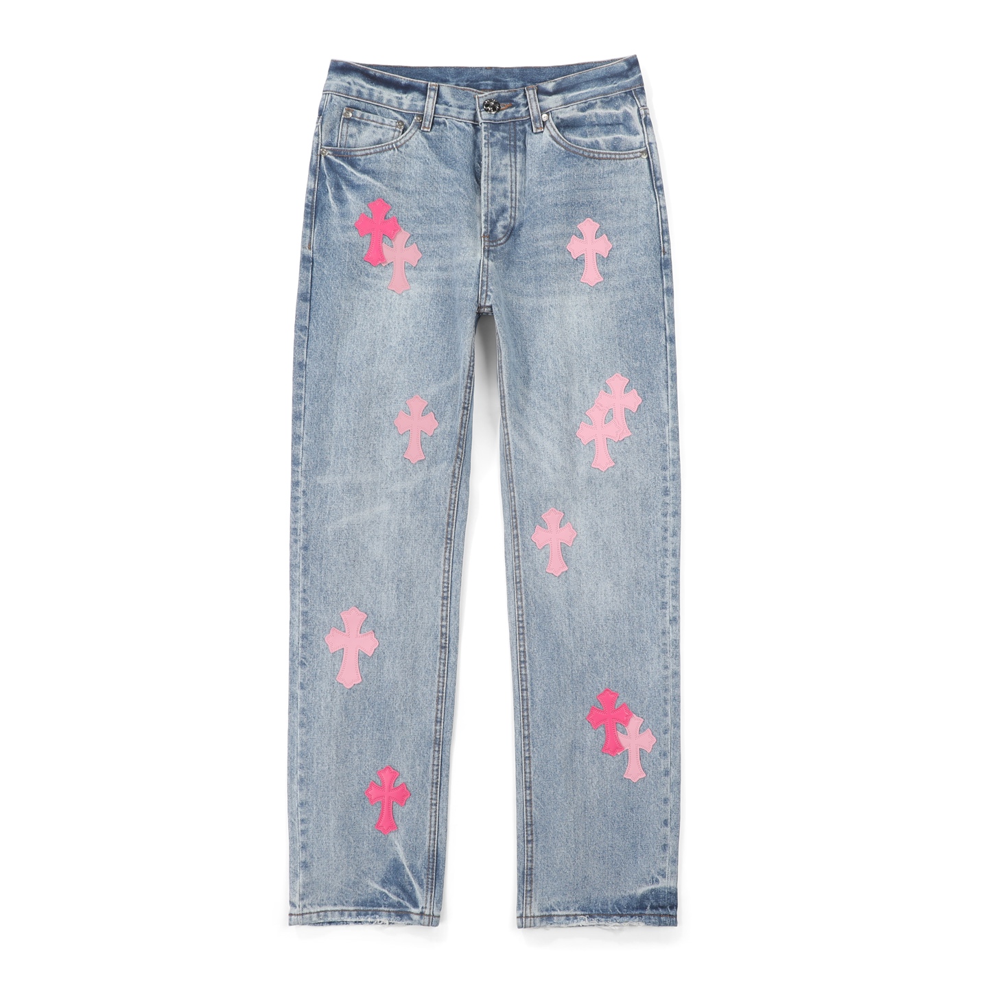 💰270
高版本Chrome Hearts克罗心 迈阿密限定粉十字皮标水洗牛仔裤，男女同款。ch牛仔裤均需要成品水洗后再拆开手工订绵羊皮十字皮再拼接完成，整件工艺多到说不清。质感到手看，好看就完事了。克罗心里面最绝绝子的裤子啦
采用珠帆布面料，重工水洗使面料上身更有质感，裤型挺拔！整裤立体裁剪版型绝绝子！
五金zp定制，珠帆布面料厚实经过水洗后柔软 透气性好 定制小皮标 别出心裁的设计款 细节到位简约大方，做工精湛，整条裤子走线整齐，细节到位！男女都能轻松驾驭的无性别短裤潮流感up！
尺码：30-32-34-36