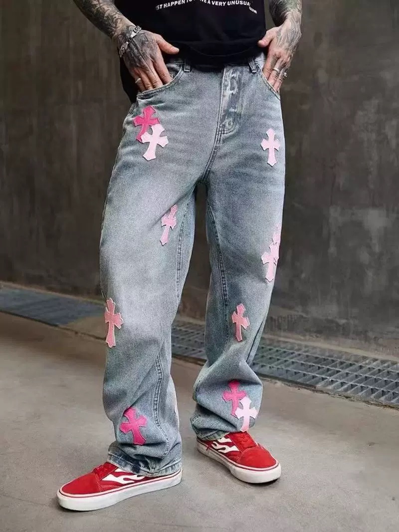 #Chrome Hearts克罗心 迈阿密限定粉十字皮标水洗牛仔裤 上身效果图#