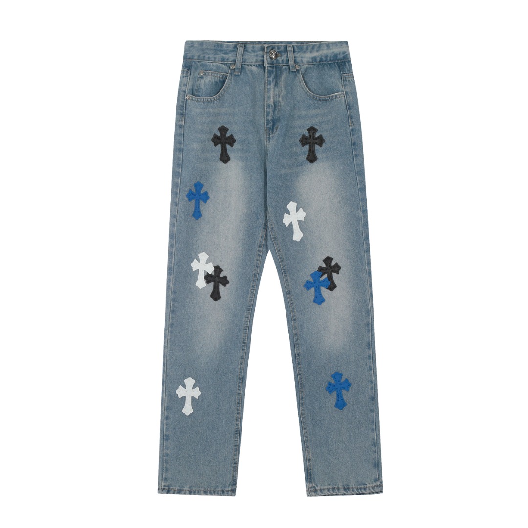 【05507】Chrome Hearts Cross Leather Patch Washed Jeans