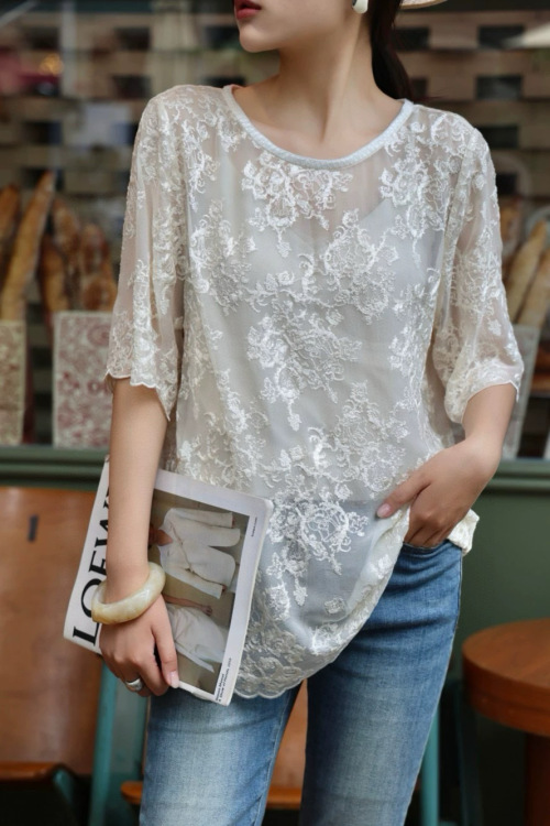Elegant Lace Blouse - Sheer Silk Top with Round Neck, Available in S-XL 1 Elegant Lace Blouse - Sheer Silk Top with Round Neck, Available in S-XL