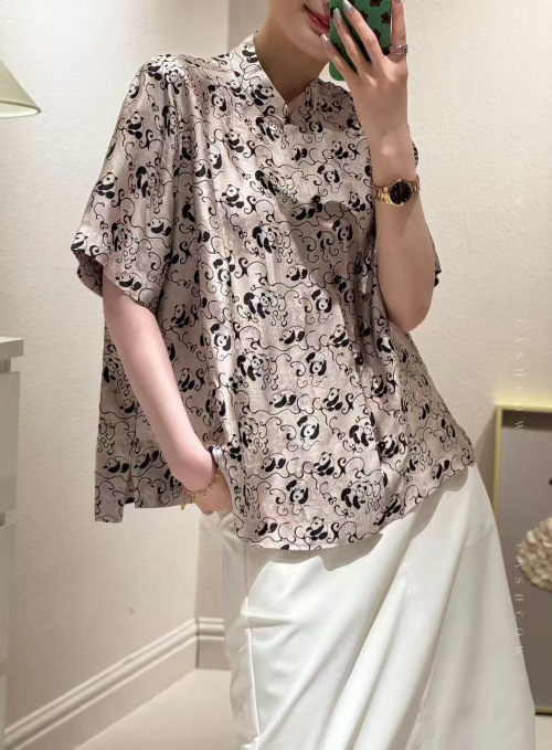 Panda Print Silk Blouse, Mandarin Collar, Short Sleeve, Loose Fit Top 1 Panda Print Silk Blouse, Mandarin Collar, Short Sleeve, Loose Fit Top