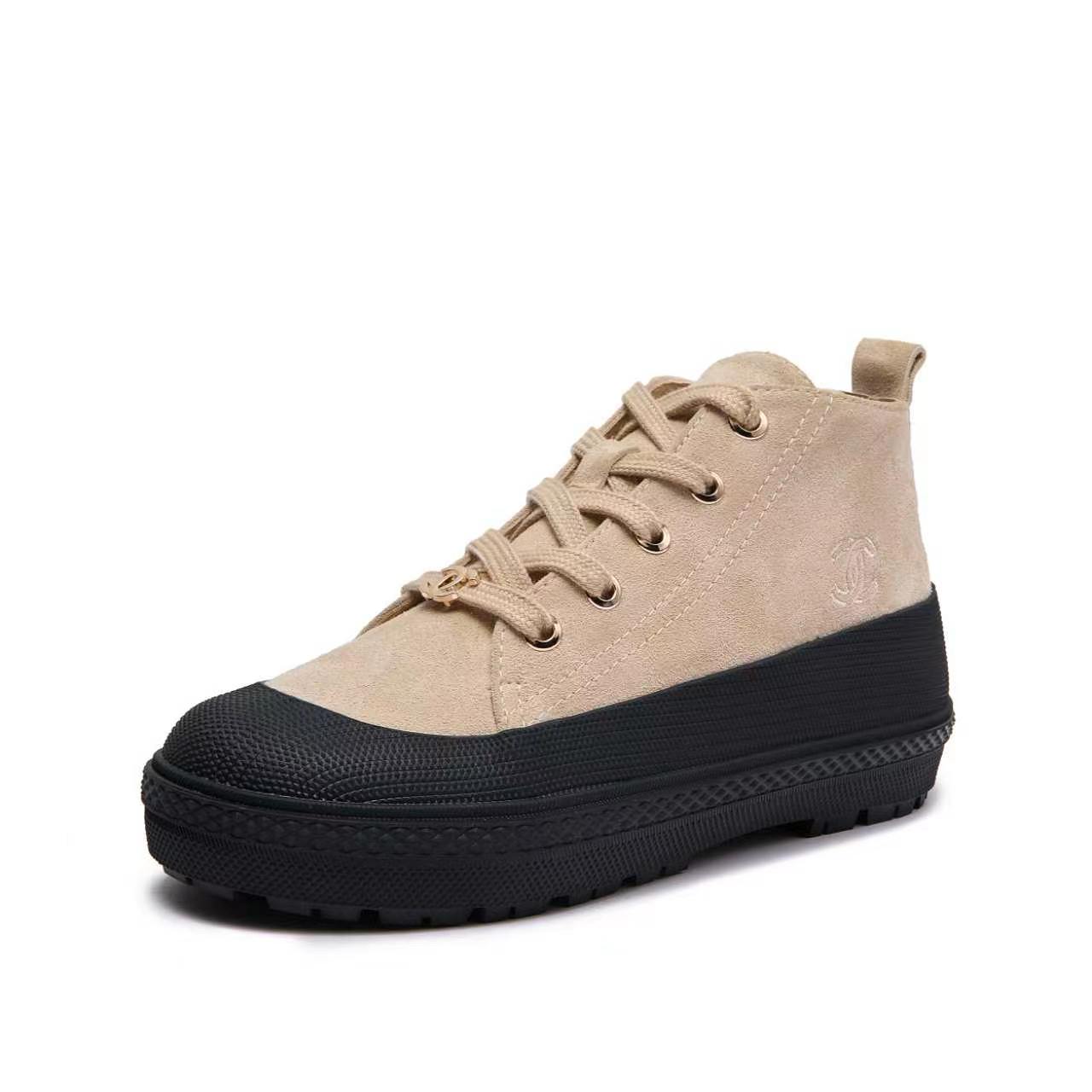 Chanel Beige Black High-Top Platform Sneakers