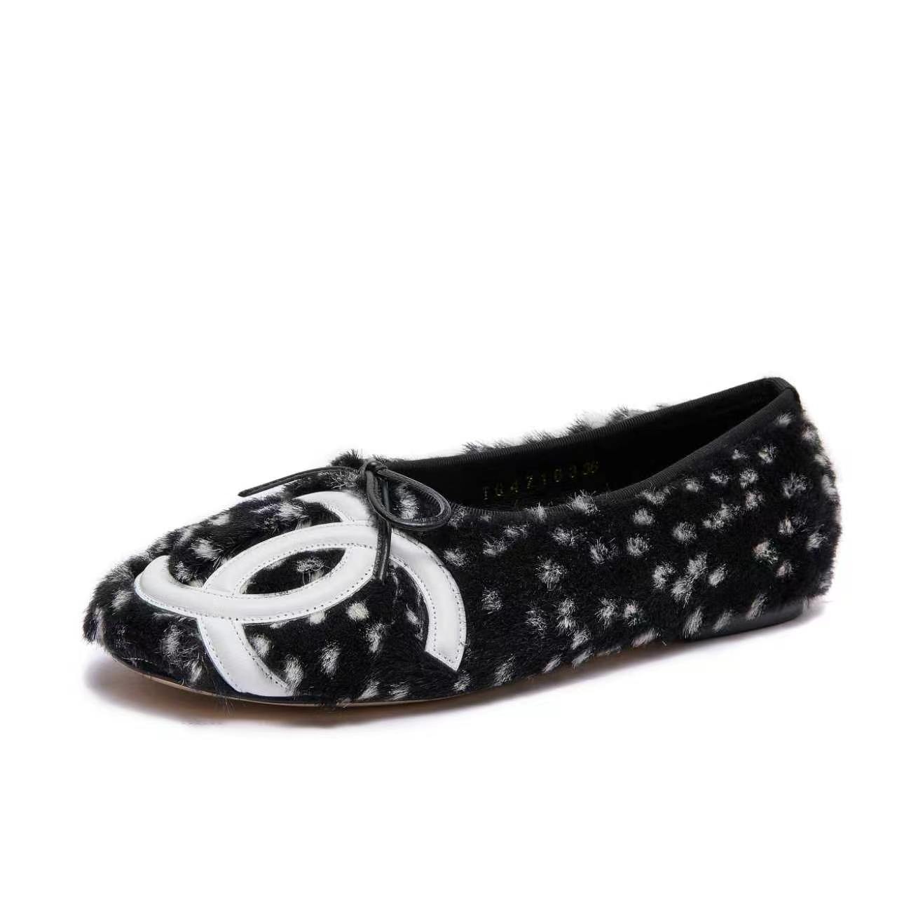 Chanel Black Spotted Logo Ballet Flats