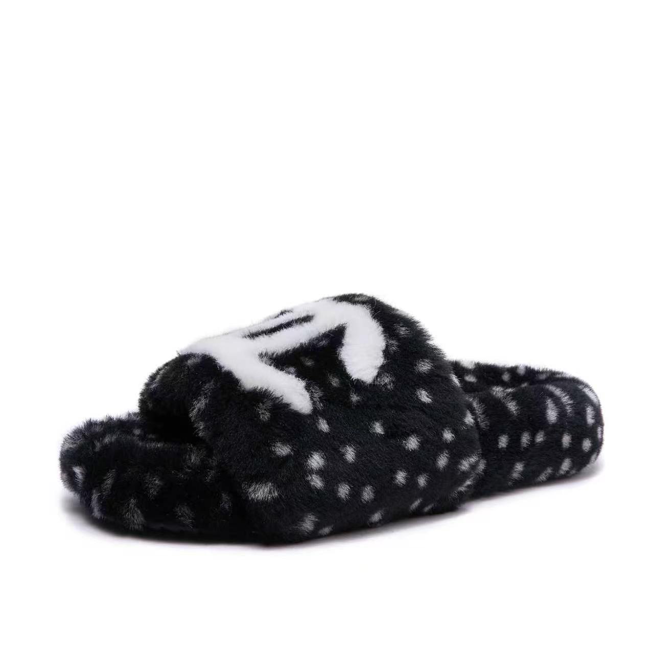 Chanel Black Spotted Fuzzy Slide Sandals