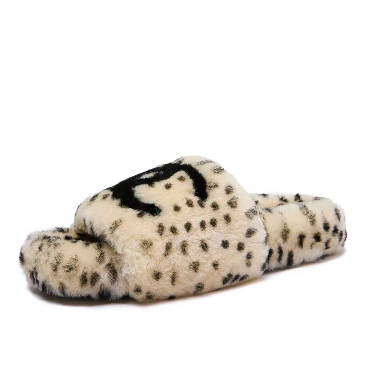 Chanel Cream Spotted Fuzzy Slide Sandals
