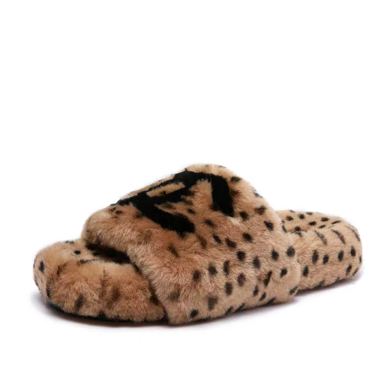 Chanel Brown Spotted Fuzzy Slide Sandals