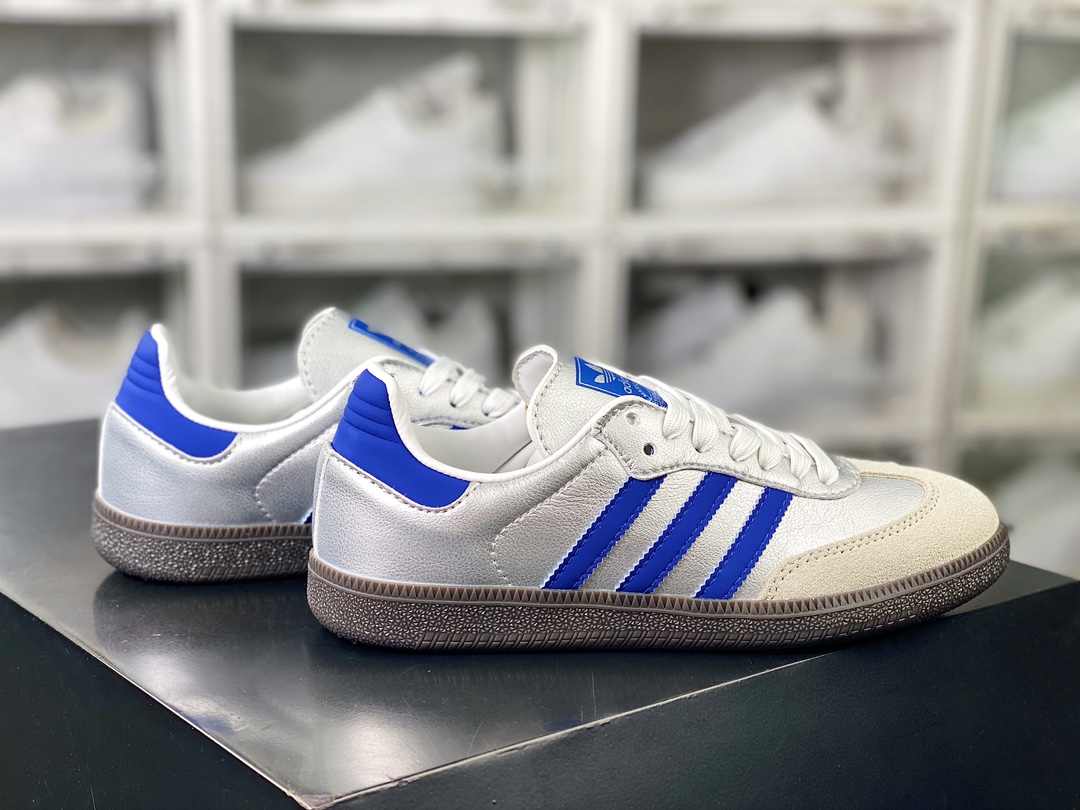 140 Adidas Originals Samba Vegan OG"Silver/Deep Blue"桑巴舞系列板鞋“太空银灰深蓝焦糖底”IG1024