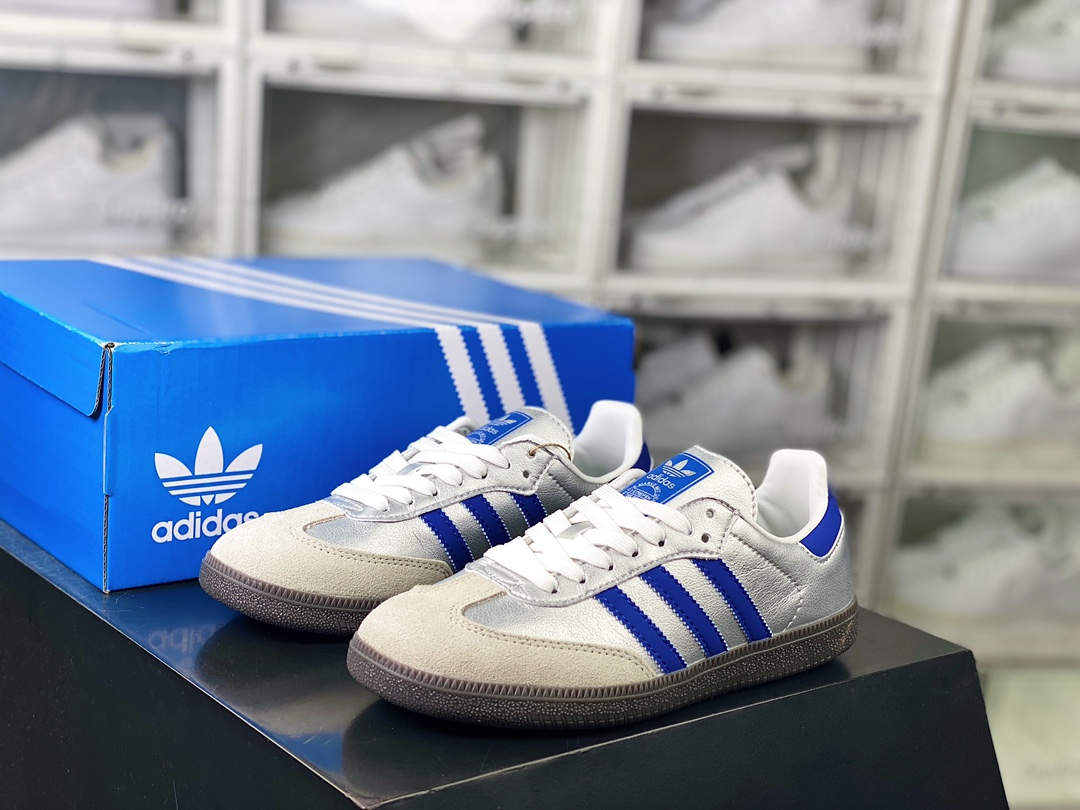 140 Adidas Originals Samba Vegan OG”Silver/Deep Blue”桑巴舞系列板鞋“太空银灰深蓝焦糖底”IG1024