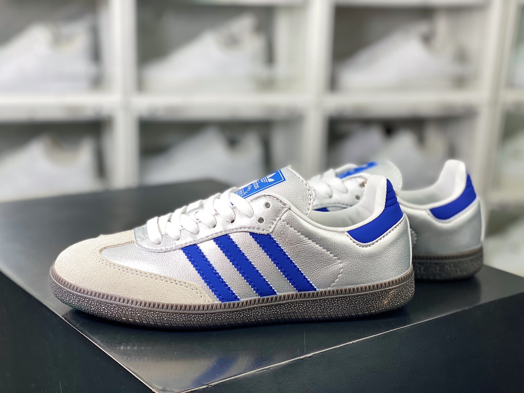 140 Adidas Originals Samba Vegan OG"Silver/Deep Blue"桑巴舞系列板鞋“太空银灰深蓝焦糖底”IG1024