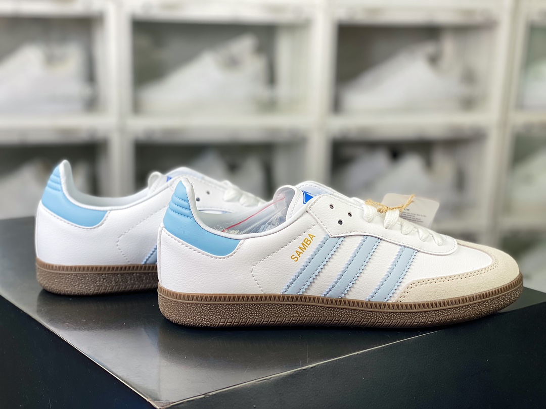 130 Adidas Originals Samba OG 桑巴舞板鞋“皮革白灰浅蓝生胶底”ID2055