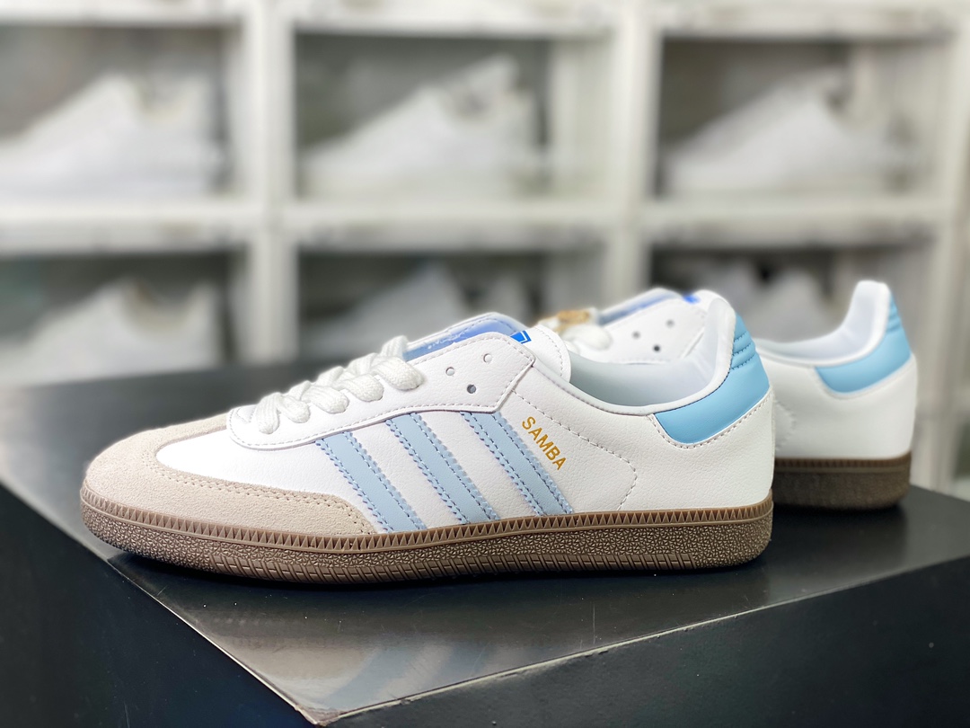 130 Adidas Originals Samba OG 桑巴舞板鞋“皮革白灰浅蓝生胶底”ID2055