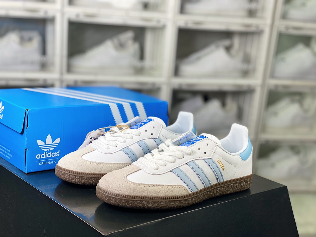 130 Adidas Originals Samba OG 桑巴舞板鞋“皮革白灰浅蓝生胶底”ID2055