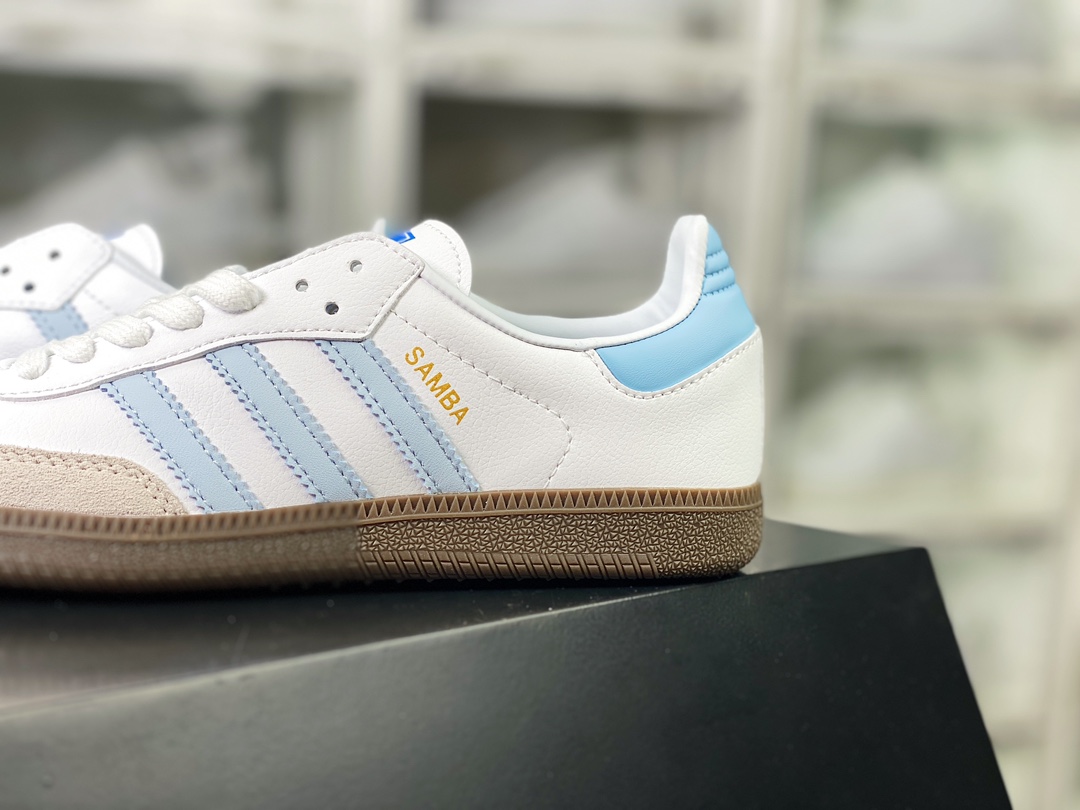 130 Adidas Originals Samba OG 桑巴舞板鞋“皮革白灰浅蓝生胶底”ID2055