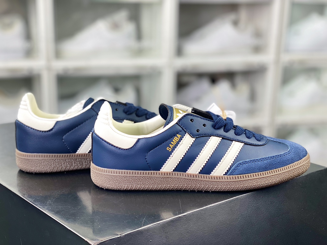 130 三叶草Adidas Originals Samba Vegan OG桑巴舞系列板鞋“皮革藏蓝米白生胶底”ID2056