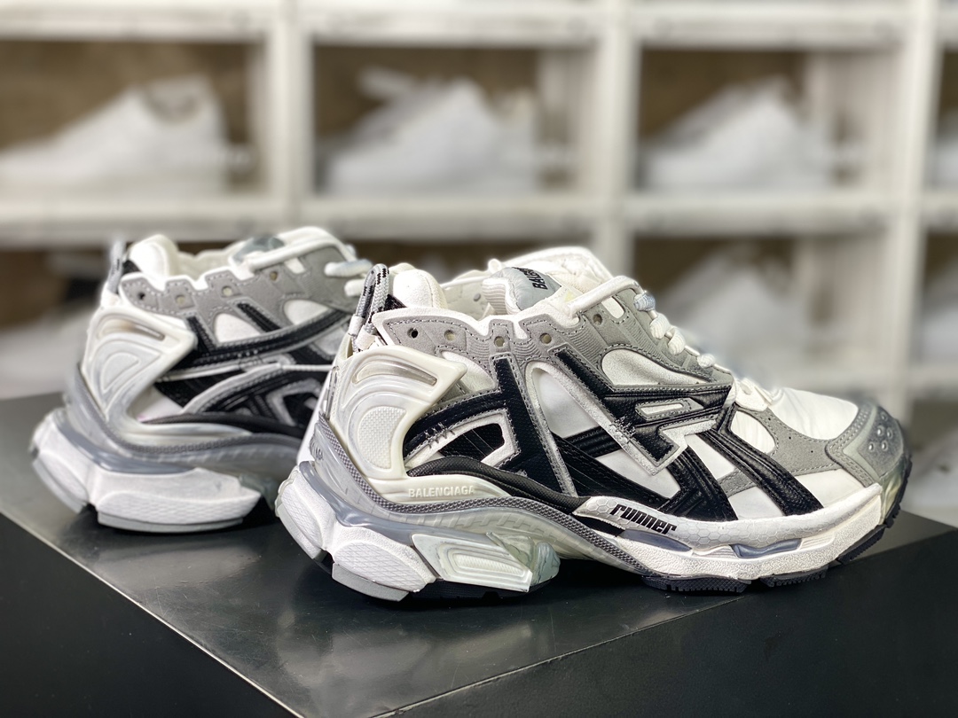 500 巴黎世家BALENCIAGA Runner Sneaker”White/Grey/Marble”2.0慢跑鞋“2.0解构破坏白黑大理石纹做旧”772774 W3RNY 2301