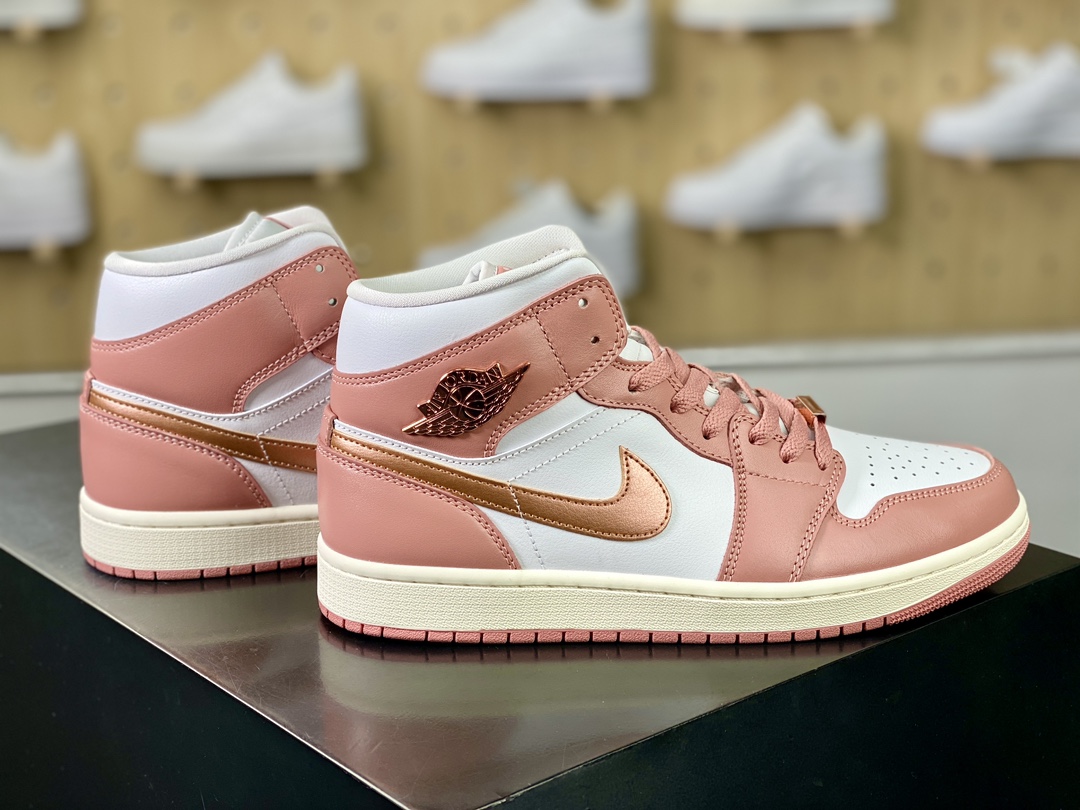 Nike Air Jordan 1 Mid ”Panda Elephant” AJ1 Jordan first generation mid-top basketball shoes ”white pink rose gold” FB9892-670