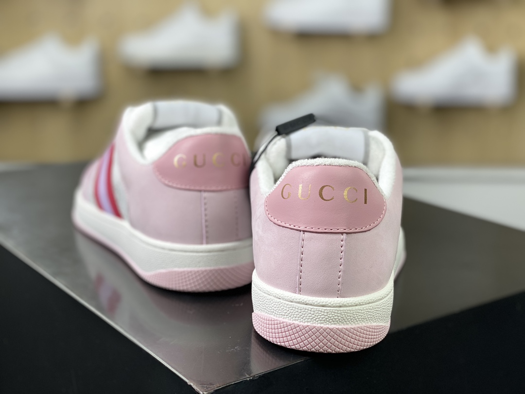 400 Gucci Screener GG Sneaker Low 经典原型系列低帮复古老爹板鞋“皮革淡粉紫白红织带”677423 HVKI0 9090