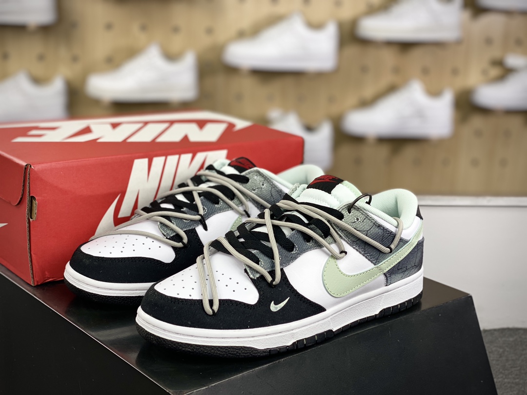 280 耐克Nike SB Dunk Low Lot”Dark Fringe”扣篮系列低帮板鞋“黑白绿暗纹绑绳”DV0827-100