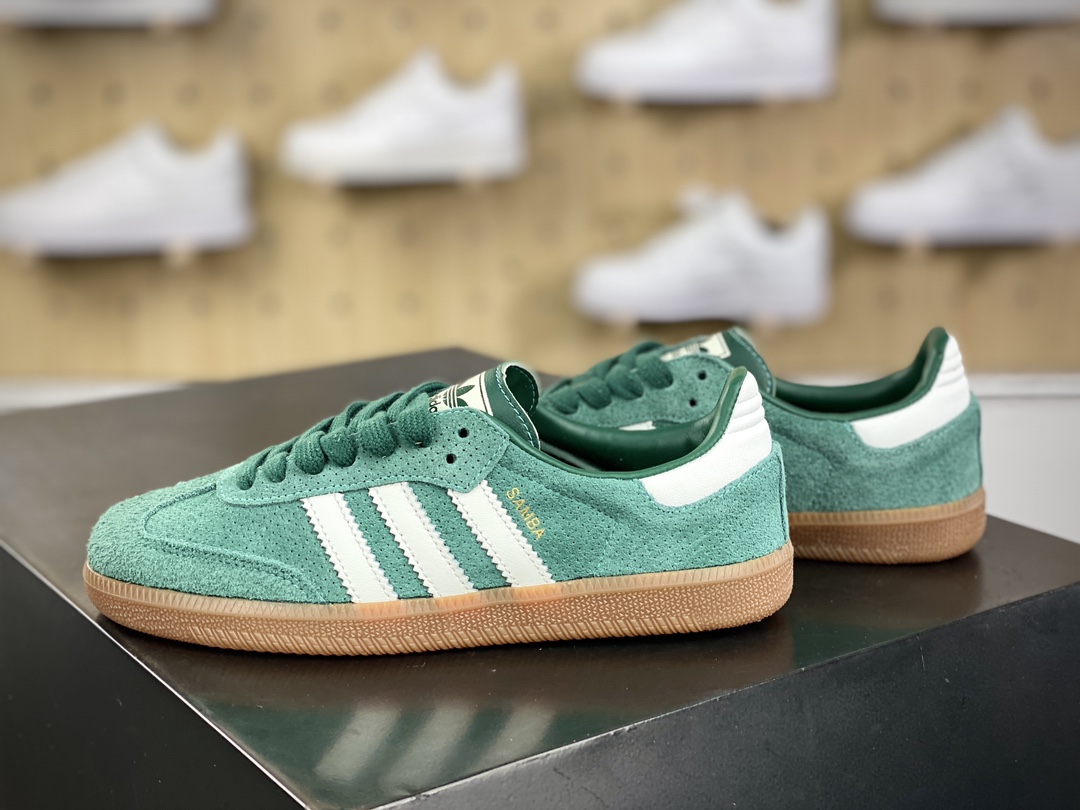 160 阿迪达斯/三叶草Adidas Originals Samba Vegan OG桑巴舞板鞋“翻毛皮冲孔草绿白”HP7902