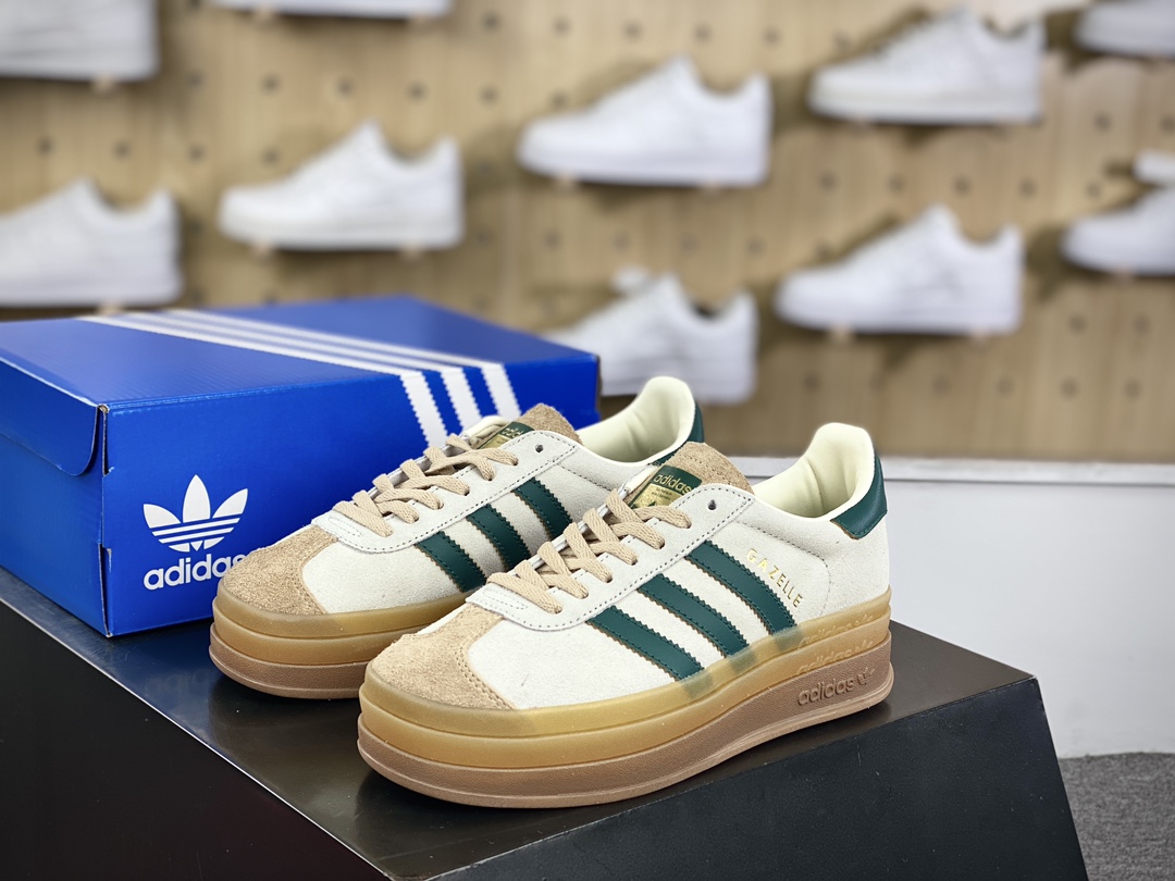 180 阿迪达斯Adidas Originals Gazelle Bold W 羚羊松糕板鞋“浅灰棕深绿生胶底”ID7056