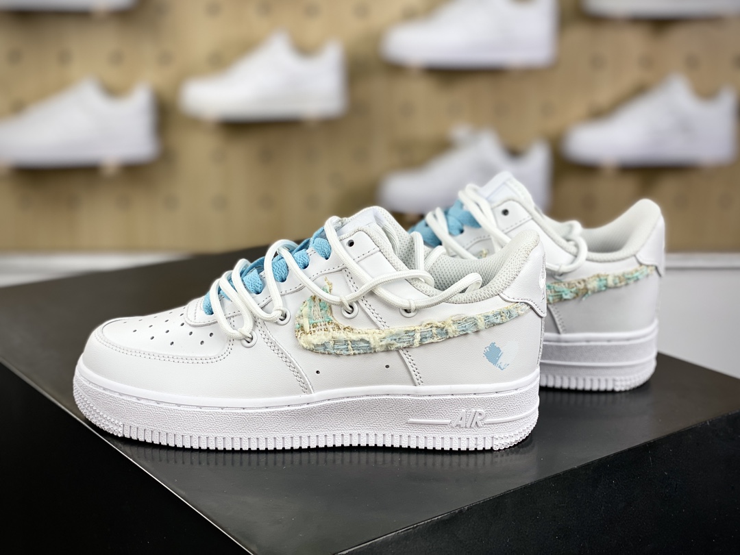 260 耐克Nike Air Force 1'07 Low”White/Blue Tweed”空军一号低帮板鞋“白浅蓝绿编织小香风绑绳”DH9999-223