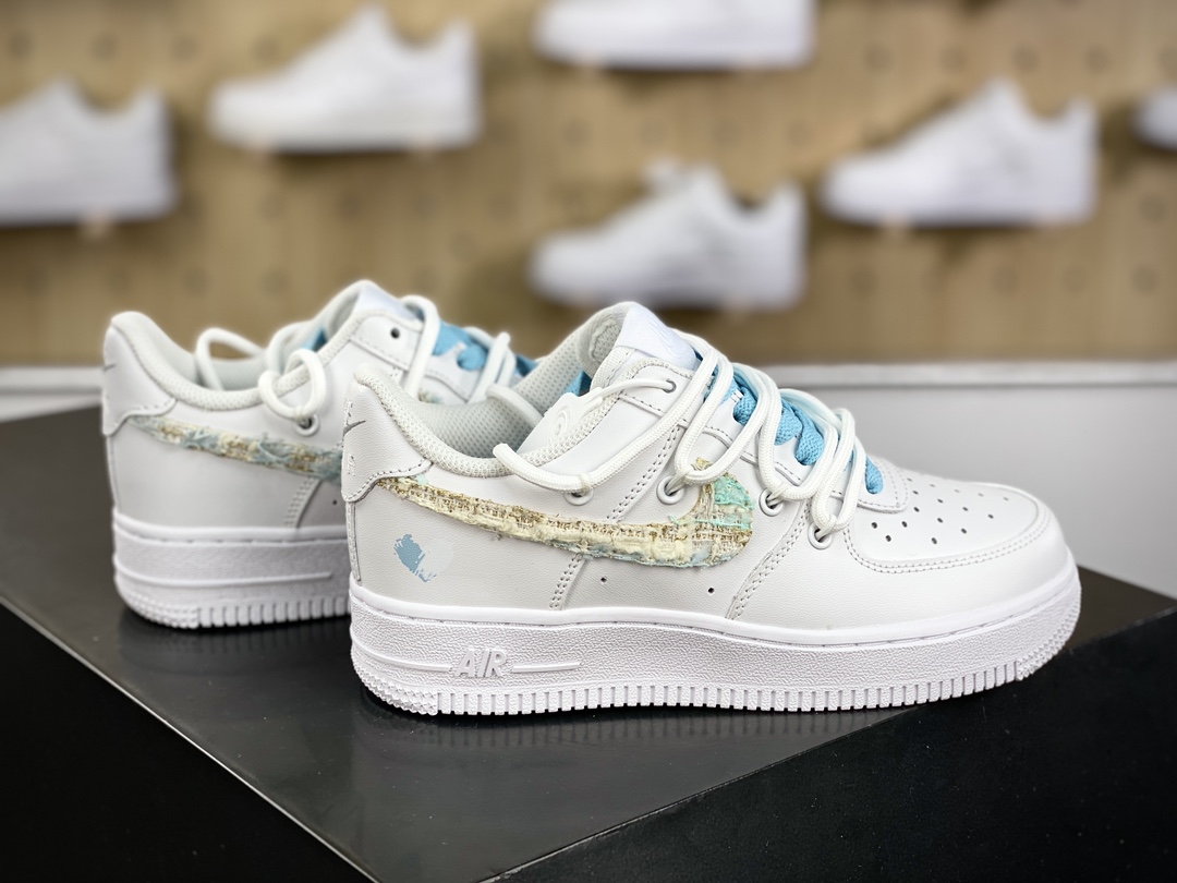 260 耐克Nike Air Force 1'07 Low”White/Blue Tweed”空军一号低帮板鞋“白浅蓝绿编织小香风绑绳”DH9999-223