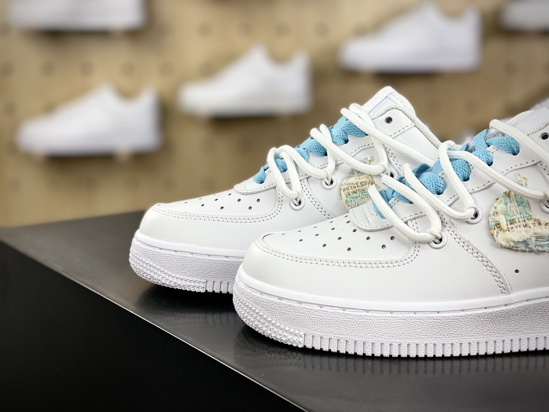 260 耐克Nike Air Force 1'07 Low”White/Blue Tweed”空军一号低帮板鞋“白浅蓝绿编织小香风绑绳”DH9999-223