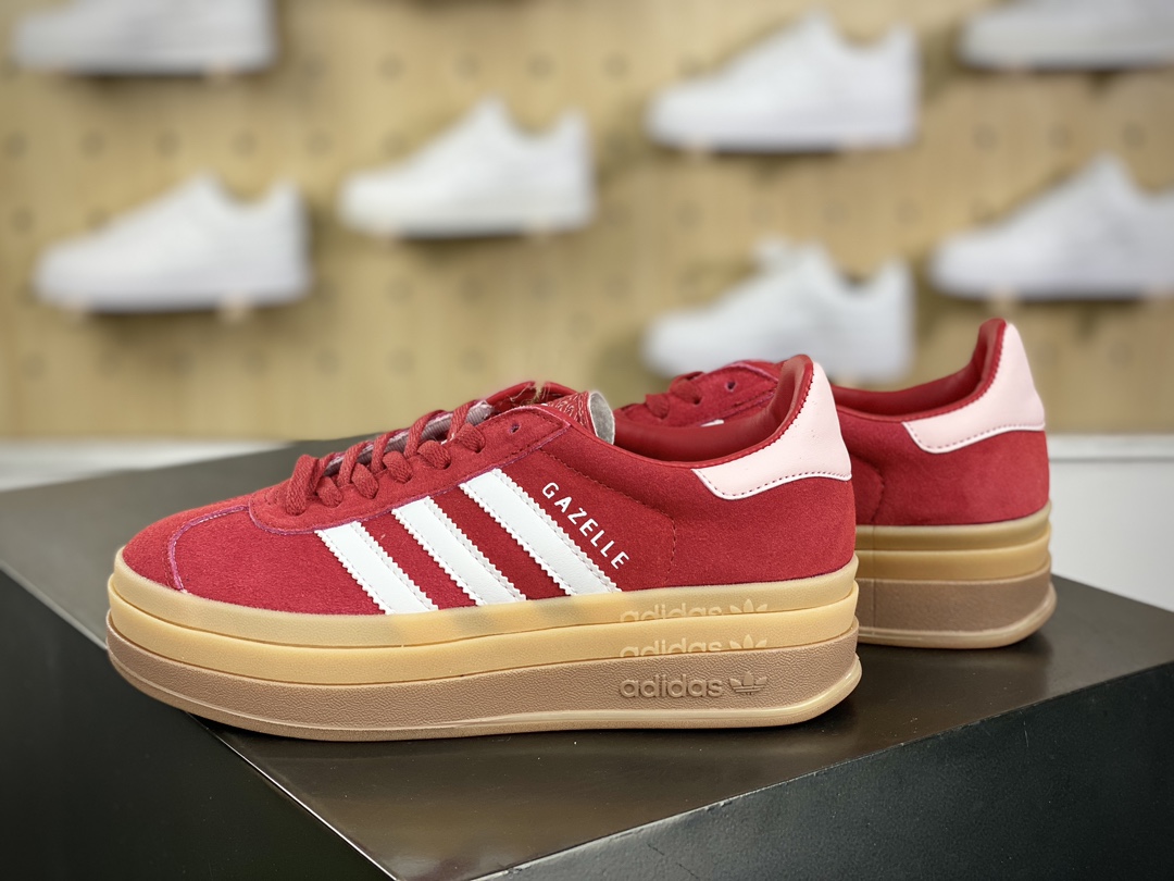 180 阿迪达斯Adidas Originals Gazelle Bold W 羚羊松糕系列复古板鞋“翻毛红粉白生胶底”ID6997