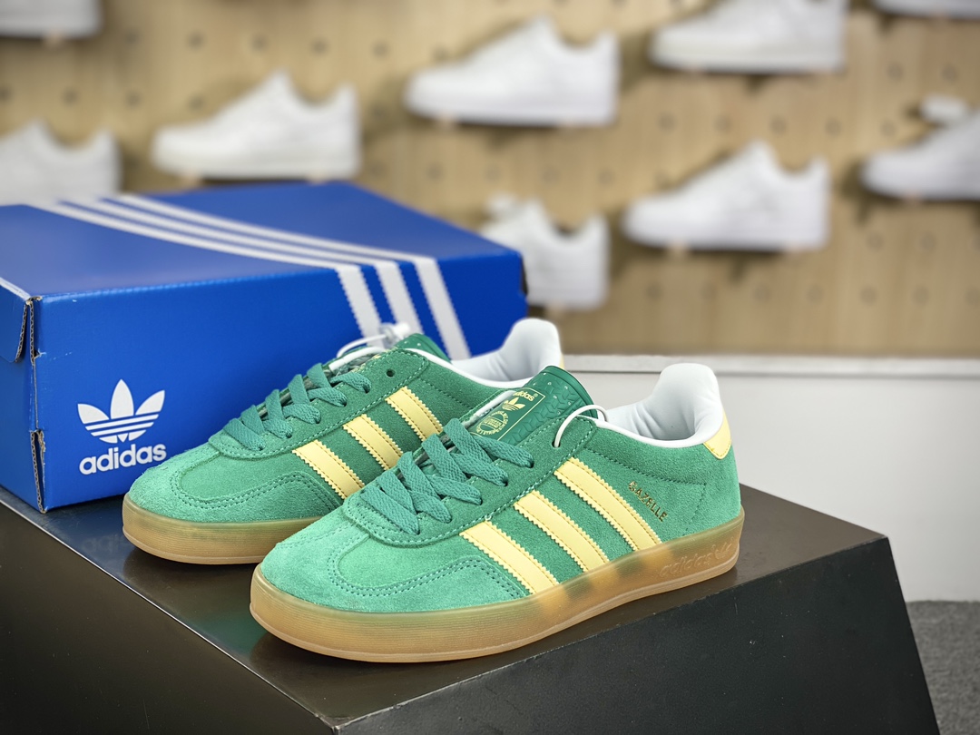 160 阿迪达斯Adidas Gazelle Indoor Trainers 羚羊内训系列低帮板鞋“麂皮绿浅黄生胶底”IH7500