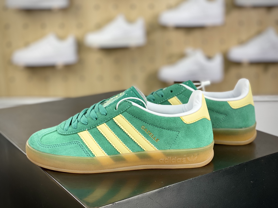 160 阿迪达斯Adidas Gazelle Indoor Trainers 羚羊内训系列低帮板鞋“麂皮绿浅黄生胶底”IH7500