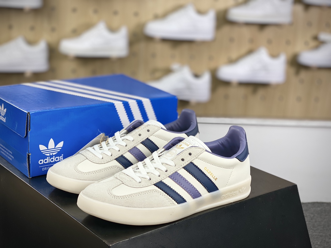 200 阿迪达斯Adidas Gazelle Indoor Trainers 羚羊内训系列低帮复古板鞋“米白冰晶雾灰紫”IG1643