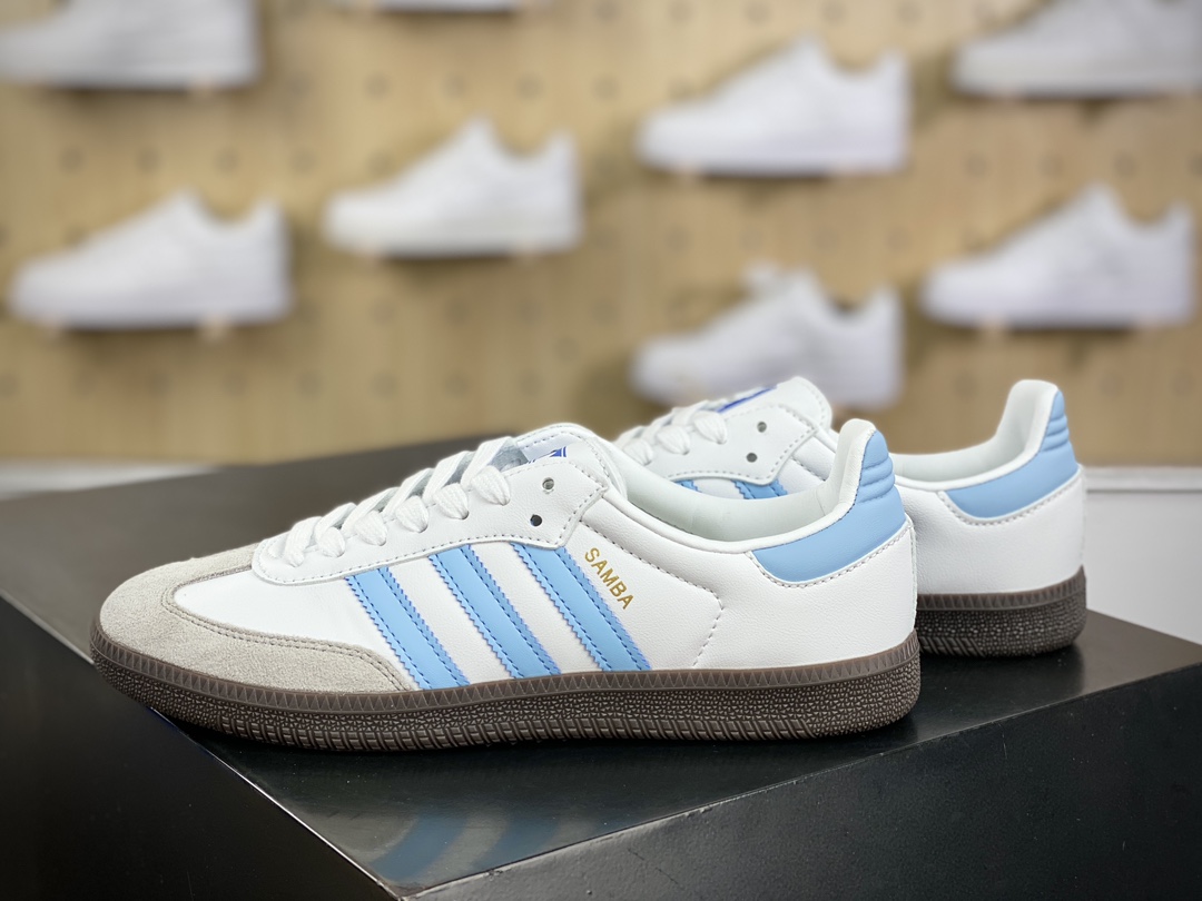 120 三叶草adidas Originals Samba OG桑巴舞系列绅士德训板鞋“皮革黑浅灰北卡蓝焦糖底”EG9327