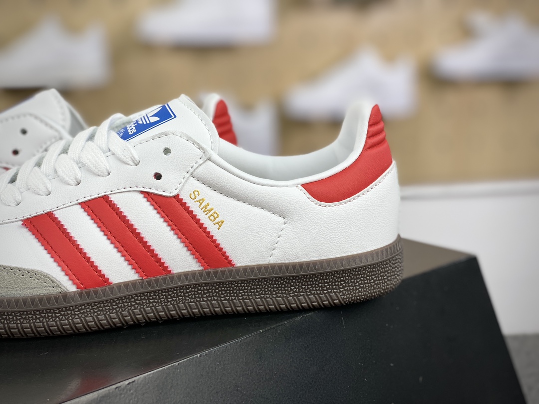 120 三叶草Adidas Originals Samba Vegan OG桑巴舞系列绅士板鞋“白浅灰大学红生胶底”IG1025