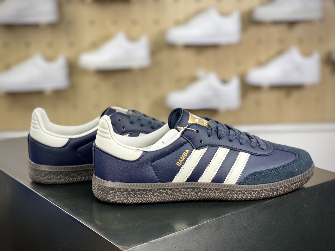 120 三叶草Adidas Originals Samba Vegan OG桑巴舞系列板鞋“皮革深蓝白焦糖底”ID2056