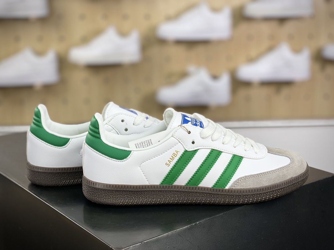 120 阿迪达斯/三叶草Adidas Originals Samba Vegan OG桑巴舞系列绅士板鞋“皮革白浅灰深绿”IG1024