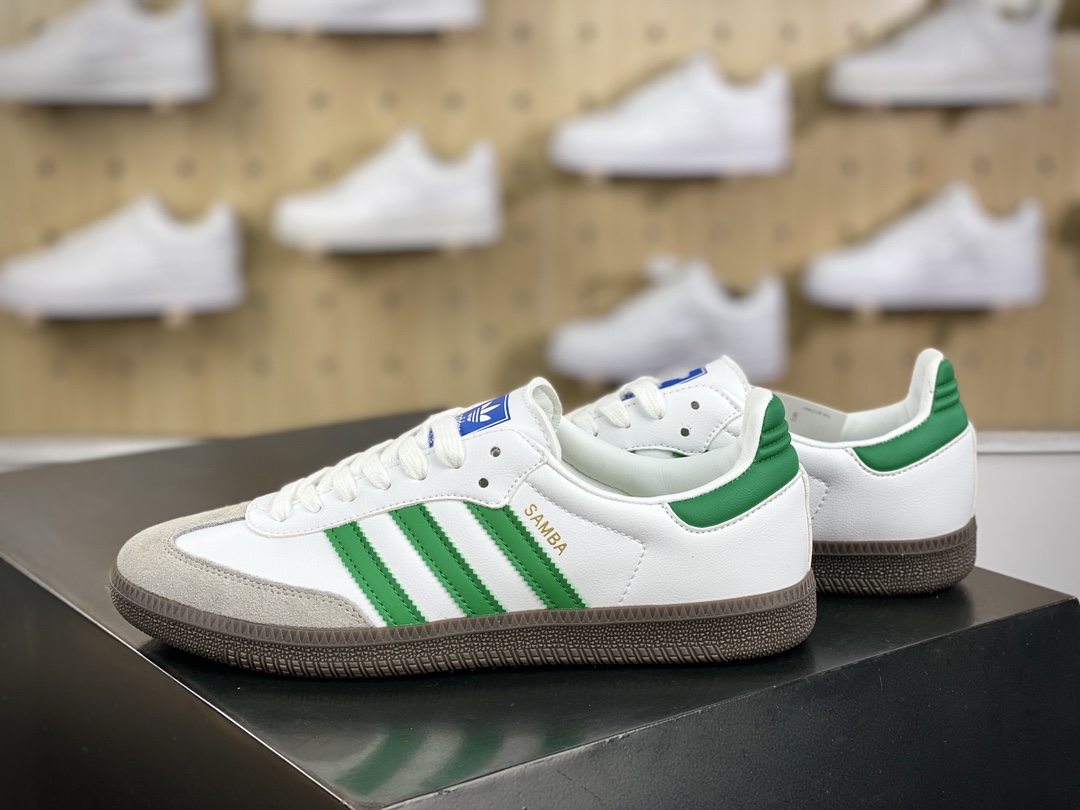 120 阿迪达斯/三叶草Adidas Originals Samba Vegan OG桑巴舞系列绅士板鞋“皮革白浅灰深绿”IG1024