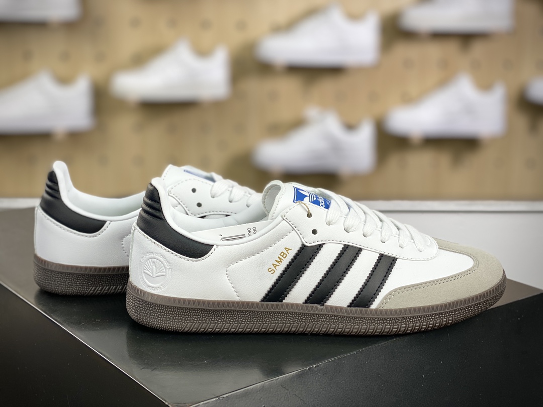 120 阿迪达斯Adidas三叶草 Originals Samba Vegan OG桑巴舞系列绅士德训板鞋“皮革白黑浅灰焦糖底环保标识”FW2427