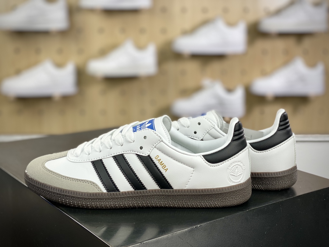 120 阿迪达斯Adidas三叶草 Originals Samba Vegan OG桑巴舞系列绅士德训板鞋“皮革白黑浅灰焦糖底环保标识”FW2427