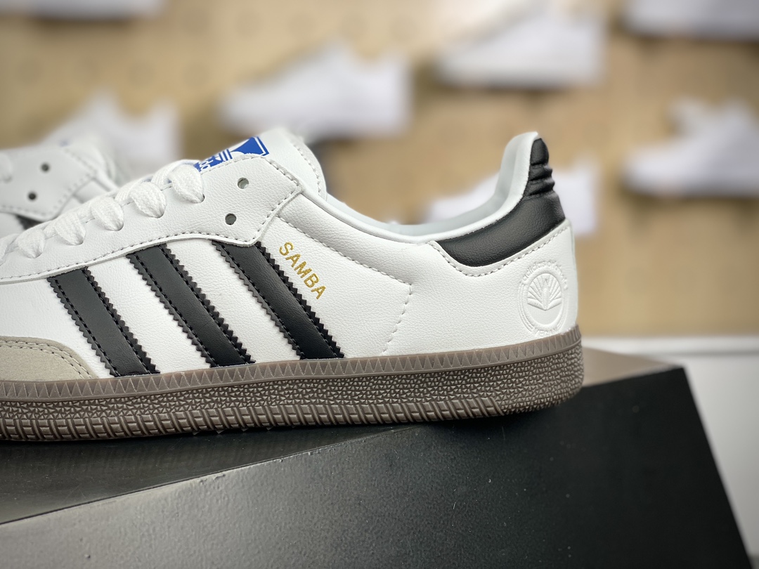 120 阿迪达斯Adidas三叶草 Originals Samba Vegan OG桑巴舞系列绅士德训板鞋“皮革白黑浅灰焦糖底环保标识”FW2427