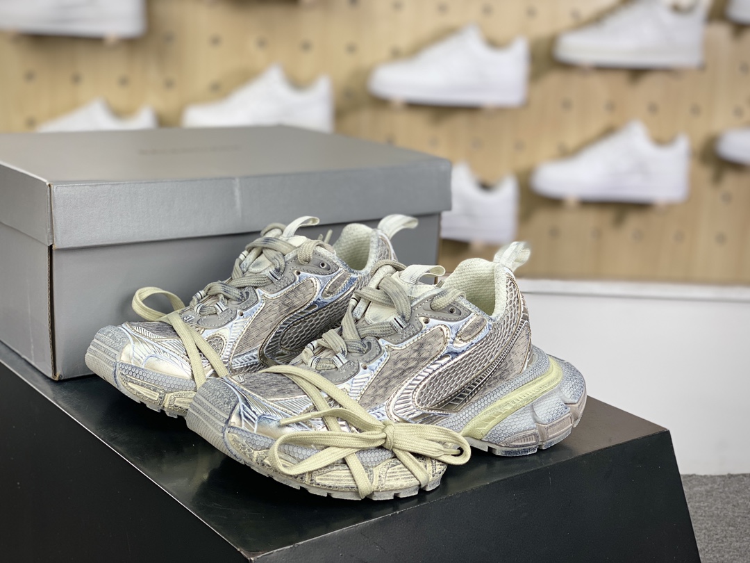 420 巴黎世家BALENCIAGA 3XL Sneakers 3+系列低帮复古慢跑鞋“网织米灰银做旧”734731 W3XL59110